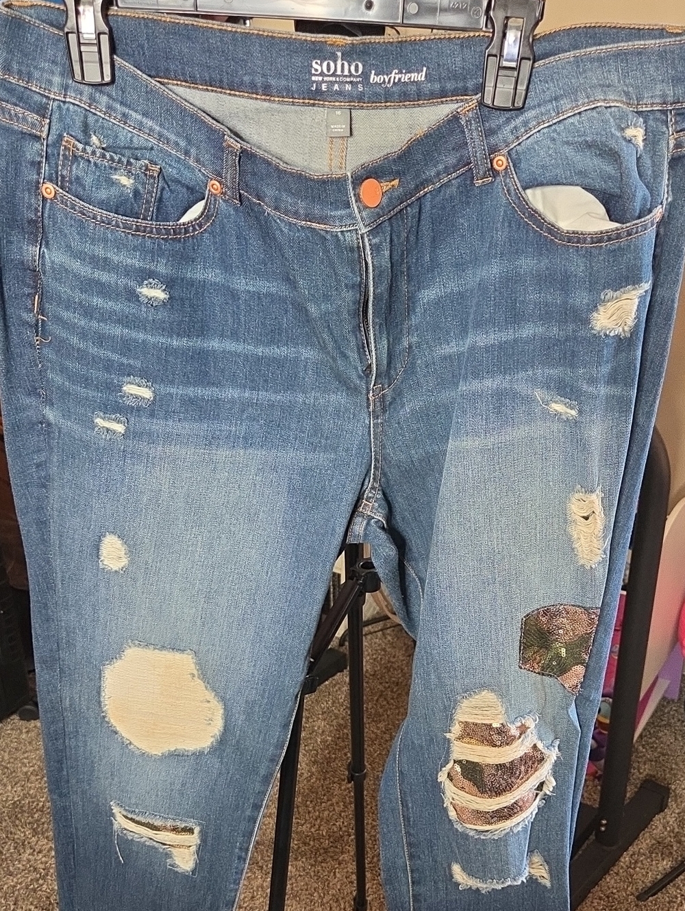 Soho Boyfriend Jeans in Distressed Medium Blue with Patch Detail